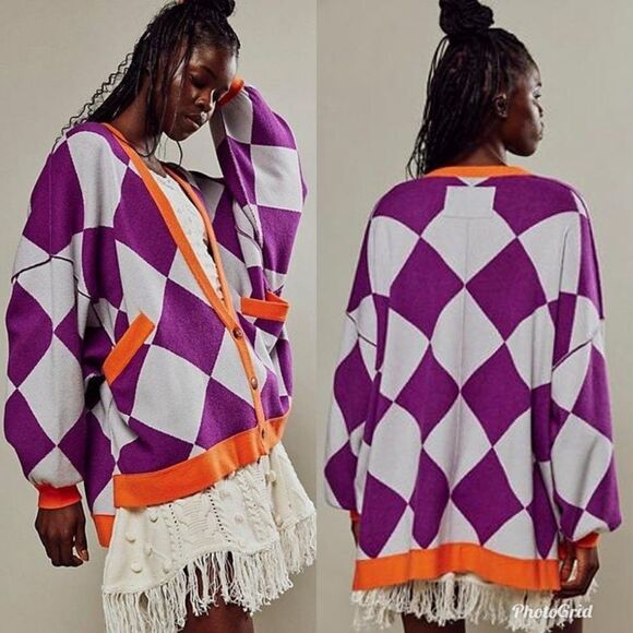 Revolve We The Free People Manny Cardi in Purple Argyle  V-Neck Cardigan - Picture 1 of 8